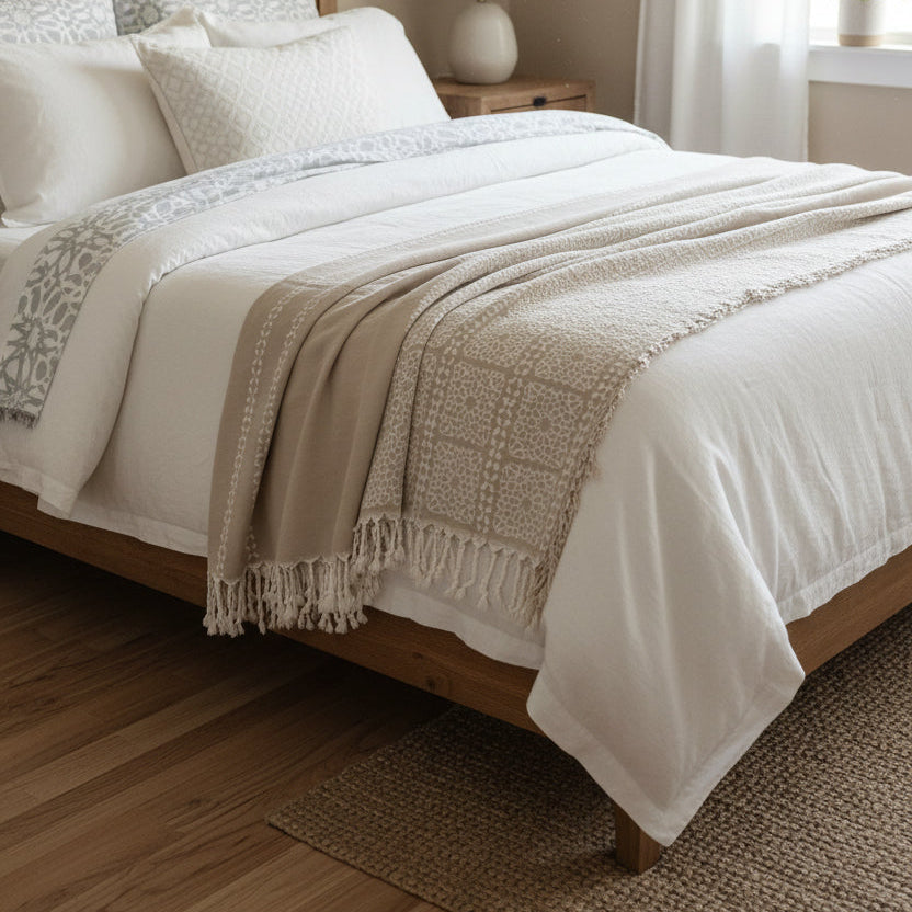 Taupe - Beige - Squares → XL Heirloom Fouta Bedspread in Taupe Beige Geometric Squares - Sofa Throw | The Fouta Spa