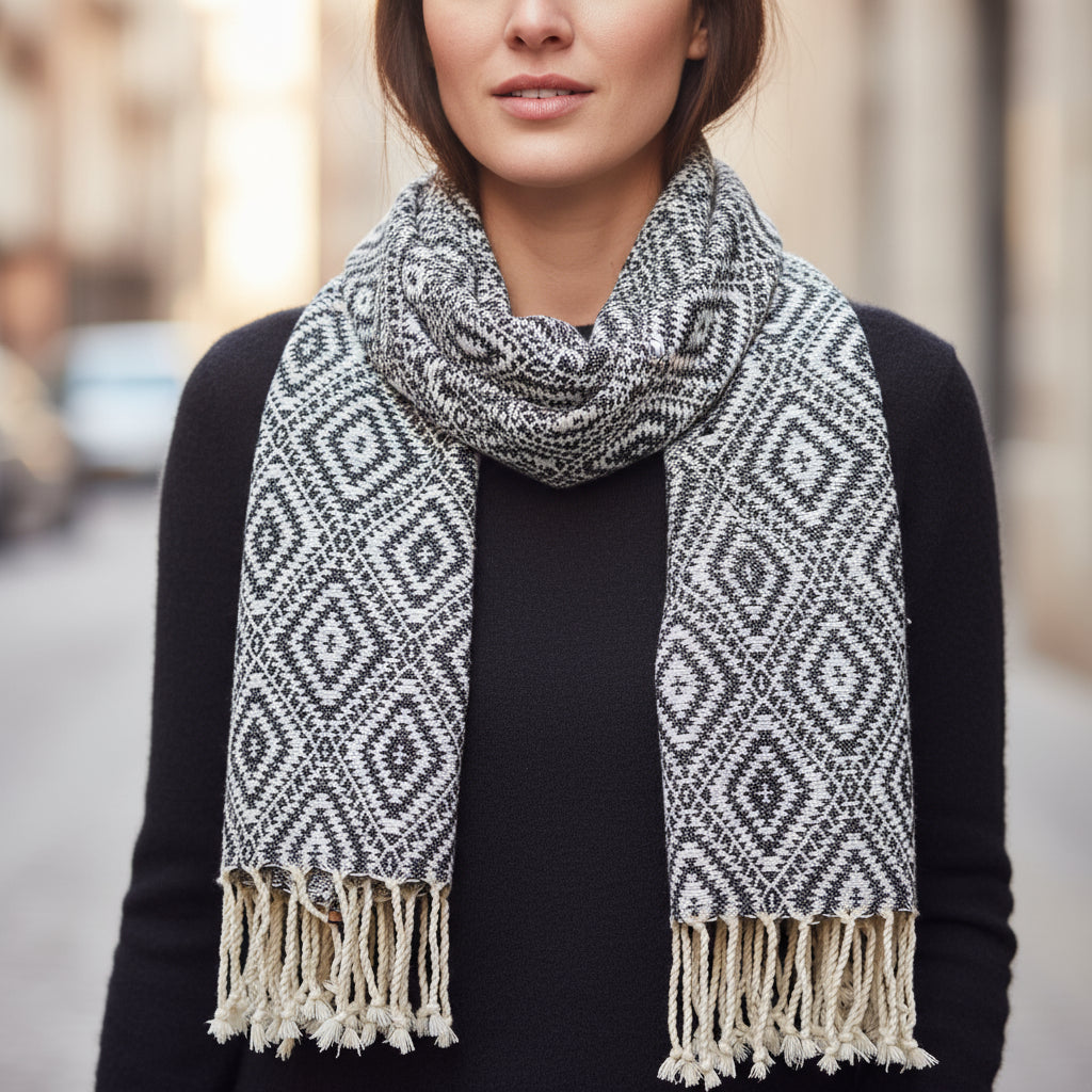 Person wearing a black and white patterned scarf with tassels outdoors.