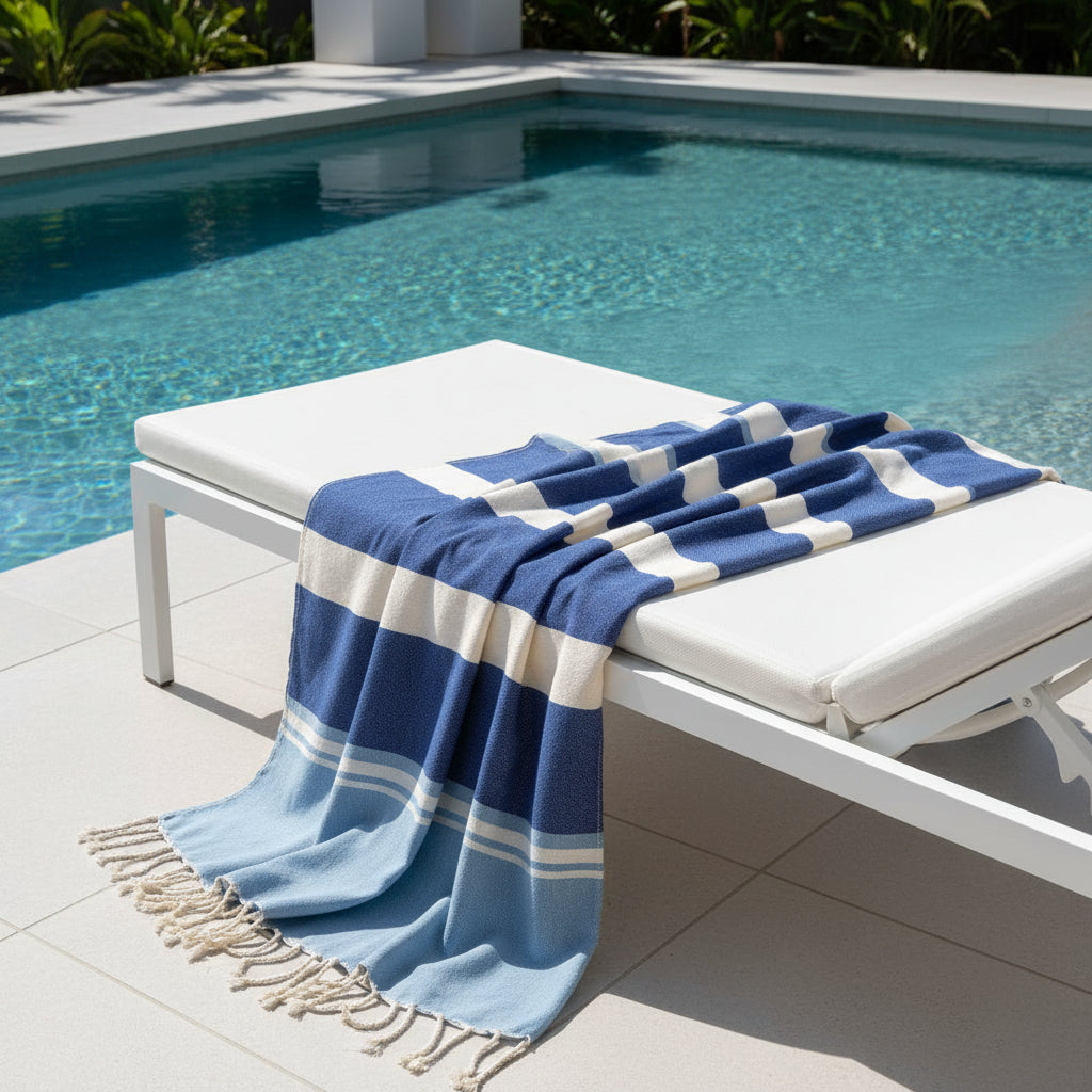Blue and beige striped towel with fringes on a white background