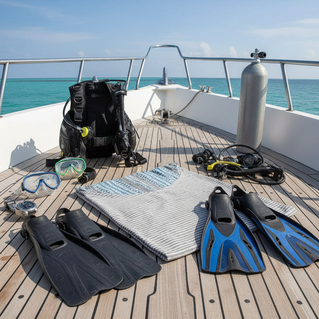 Scuba diving equipment on a boat deck with ocean view