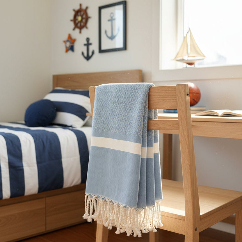 Light Blue β Saida Fouta Towel in Light Blue β Herringbone Weave, 100% Recycled Cotton, Loomed in Tunisia