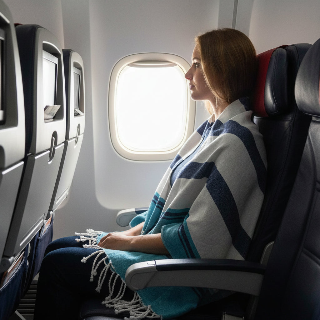 Woman sitting in an airplane seat with a blanket, looking out the window.
