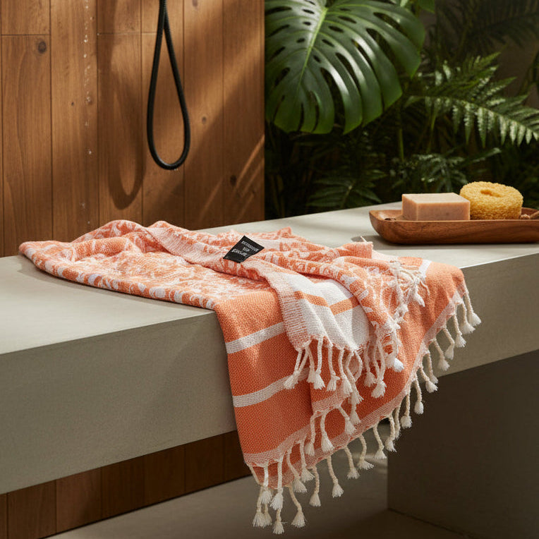 Orange β Fleurs Fouta Towel in Orange - Floral Damask Weave Cotton Beach & Bath Towel | The Fouta Spa