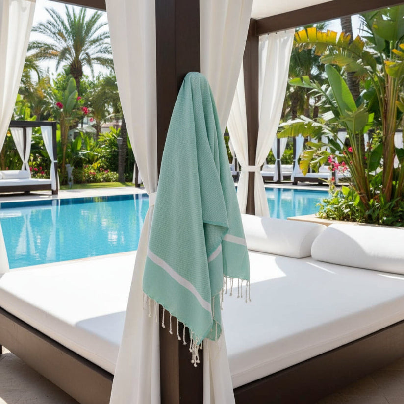 Seafoam β Saida Fouta Towel in Seafoam β Herringbone Weave, 100% Recycled Cotton, Loomed in Tunisia