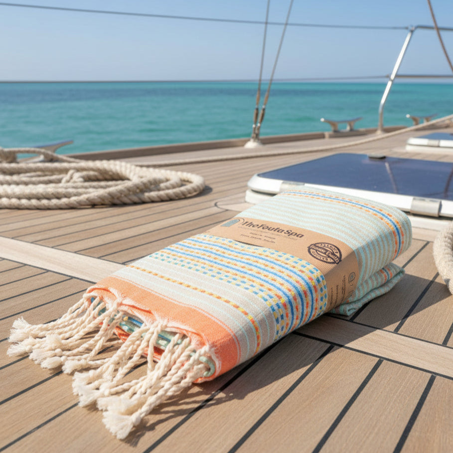 Striped towel with tassels on a boat deck with ocean view