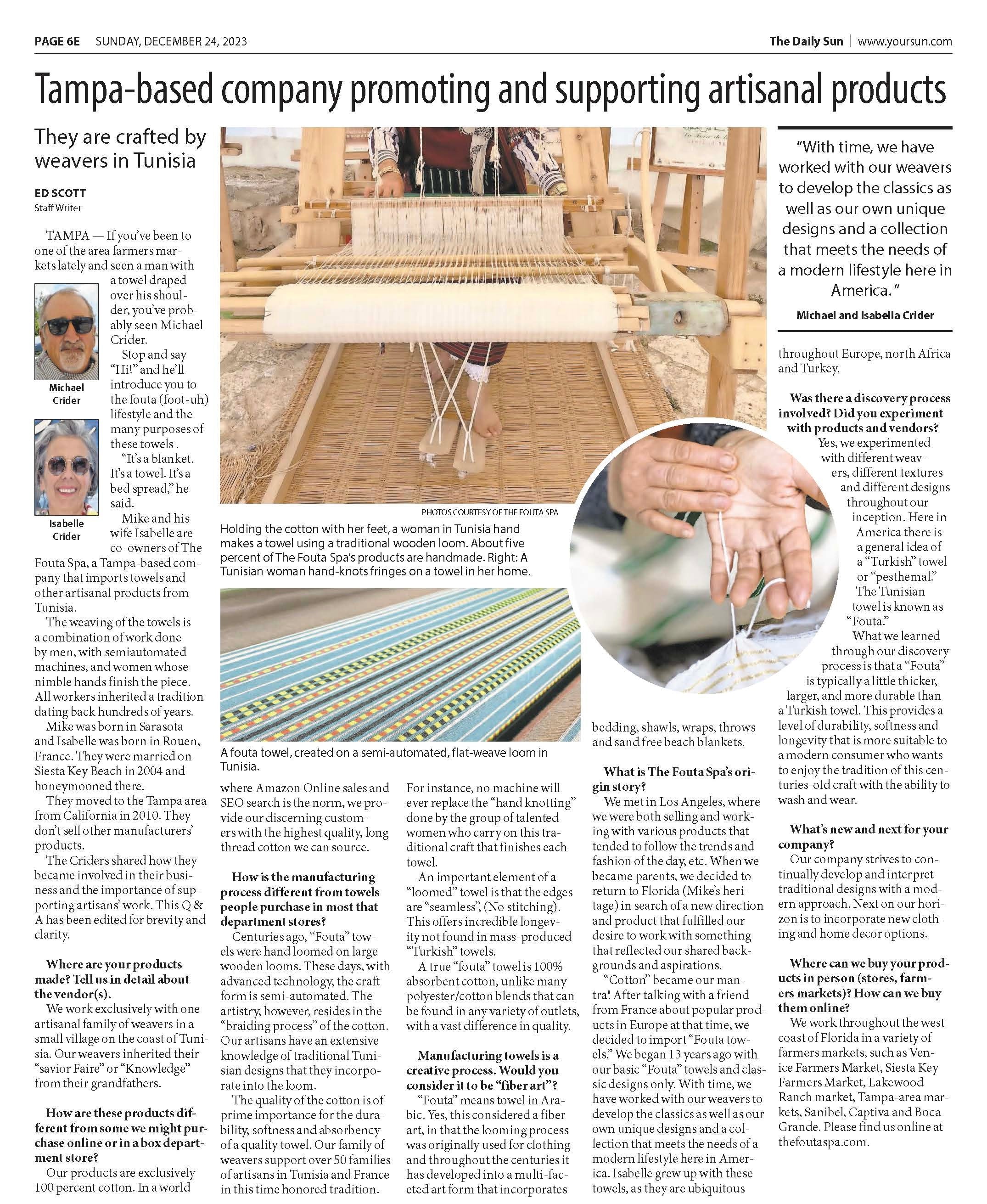 Newspaper article about a Tampa-based company promoting and supporting artisanal products, featuring images of woven items and people working with materials.