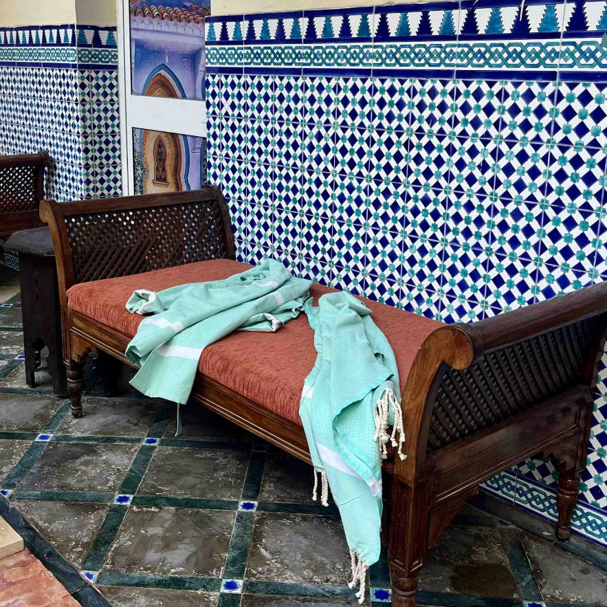 Seafoam β Saida Fouta Towel in Seafoam β Herringbone Weave, 100% Recycled Cotton, Loomed in Tunisia