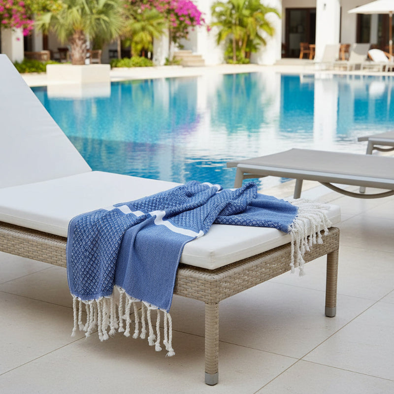 Blue → Saida Fouta Towel in Blue — Herringbone Weave, 100% Recycled Cotton, Loomed in Tunisia
