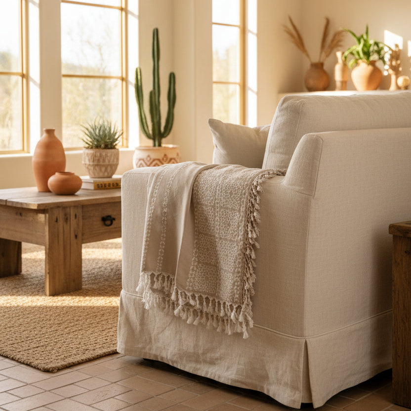Taupe - Beige - Squares → XL Heirloom Fouta Bedspread in Taupe Beige Geometric Squares - Sofa Throw | The Fouta Spa
